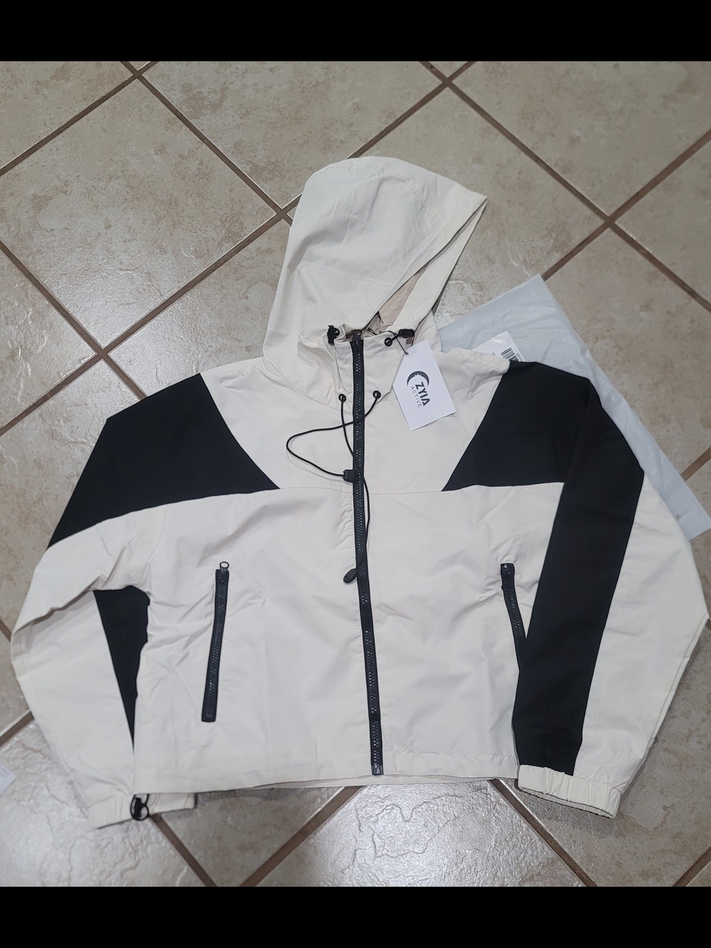 ZYIA Cream and Black Hooded Colorblock Bomber Jacket